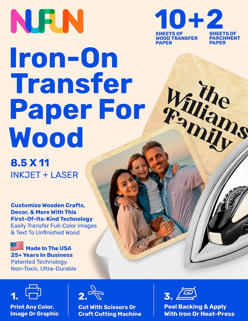 NuFun Activities Printable Iron-on Heat Transfer Paper for Wood, 10 Sheets 8.5 x 11 inch, Long Lasting, Durable, Professional Quality, Easy DIY, Non-Toxic, Made in The USA - Image 2